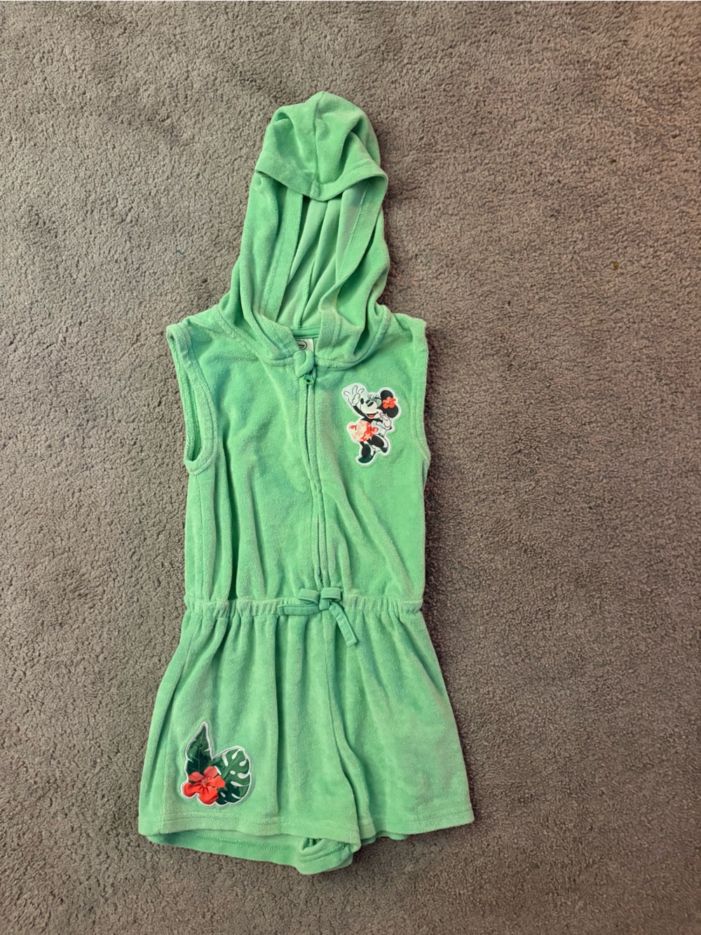 Disney Girls Green Hooded One-Piece Romper with Minnie Floral Patches/Swim cover